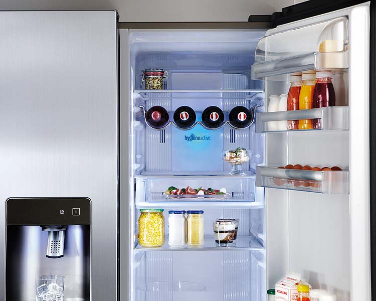 Major appliance, Kitchen appliance, Freezer, Home appliance, Refrigerator, Machine, Small appliance, Shelving, Kitchen appliance accessory, Silver, 