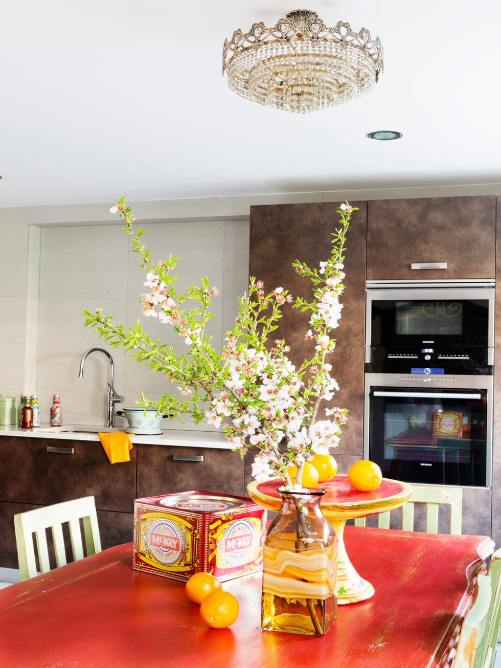 Room, Yellow, Interior design, Furniture, Property, Table, Home, Dining room, Building, Kitchen, 