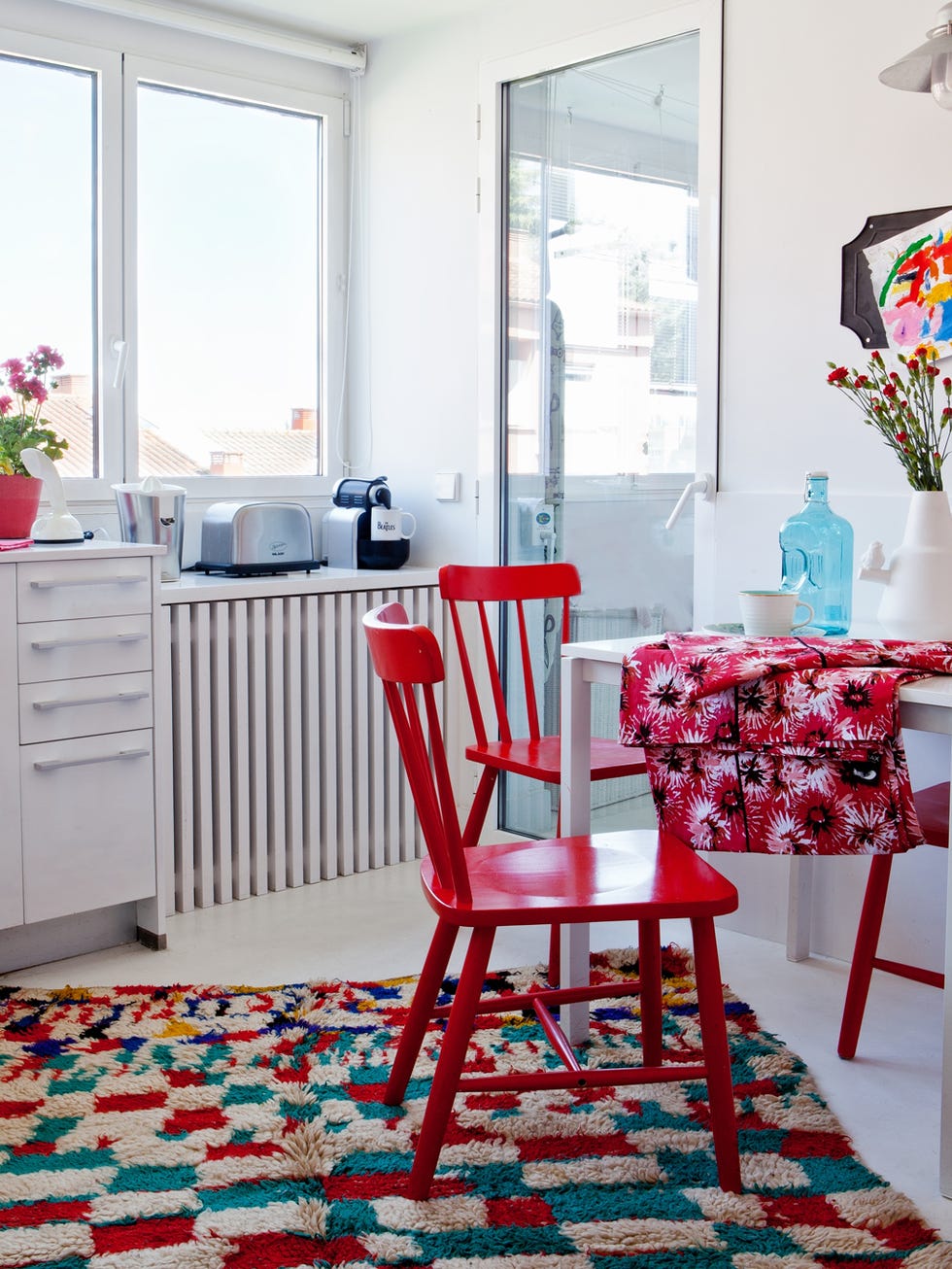 Room, Furniture, Red, Interior design, Floor, Property, Table, Home, Chair, Living room, 