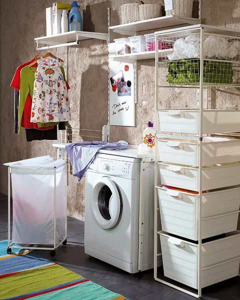 Washing machine, Major appliance, Clothes dryer, Home appliance, Laundry, Laundry room, Shelving, Plastic, Laundry supply, Circle, 
