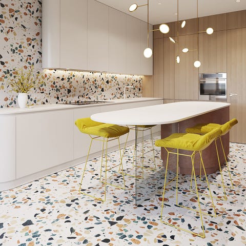 Tile, Furniture, Yellow, Countertop, Room, Floor, Interior design, Property, Table, Wall, 