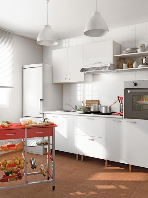 Room, White, Major appliance, Interior design, Kitchen appliance, Floor, Kitchen, Home appliance, Light fixture, Grey, 