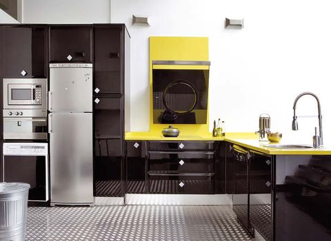 Room, Plumbing fixture, Major appliance, Floor, Home appliance, Cabinetry, Sink, Tile, Kitchen, Kitchen appliance, 