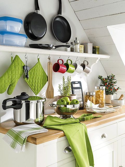Green, Loudspeaker, Cabinetry, Kitchen, Shelving, Still life photography, Countertop, Kitchen utensil, Houseplant, Food group, 