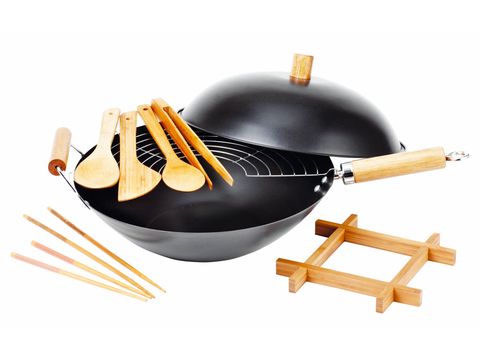 Cookware and bakeware, Kitchen utensil, Frying pan, Wok, Cooking, Dishware, Sauté pan, Cutlery, Symbol, Spatula, 