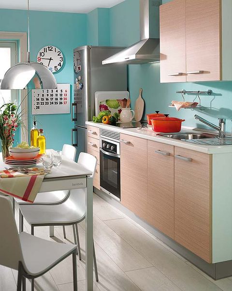 Room, Green, Interior design, Floor, Kitchen, Countertop, Major appliance, Cabinetry, Plumbing fixture, Kitchen sink, 
