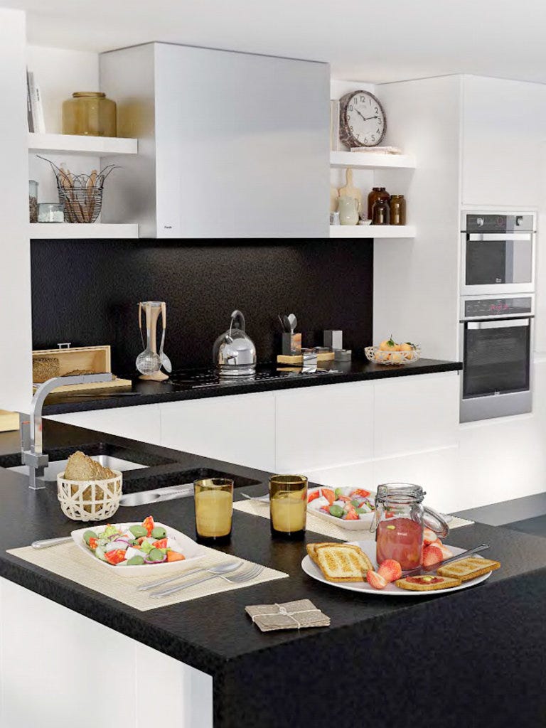 Countertop, Room, Shelf, Furniture, Kitchen, Property, Interior design, Cabinetry, Shelving, Material property, 
