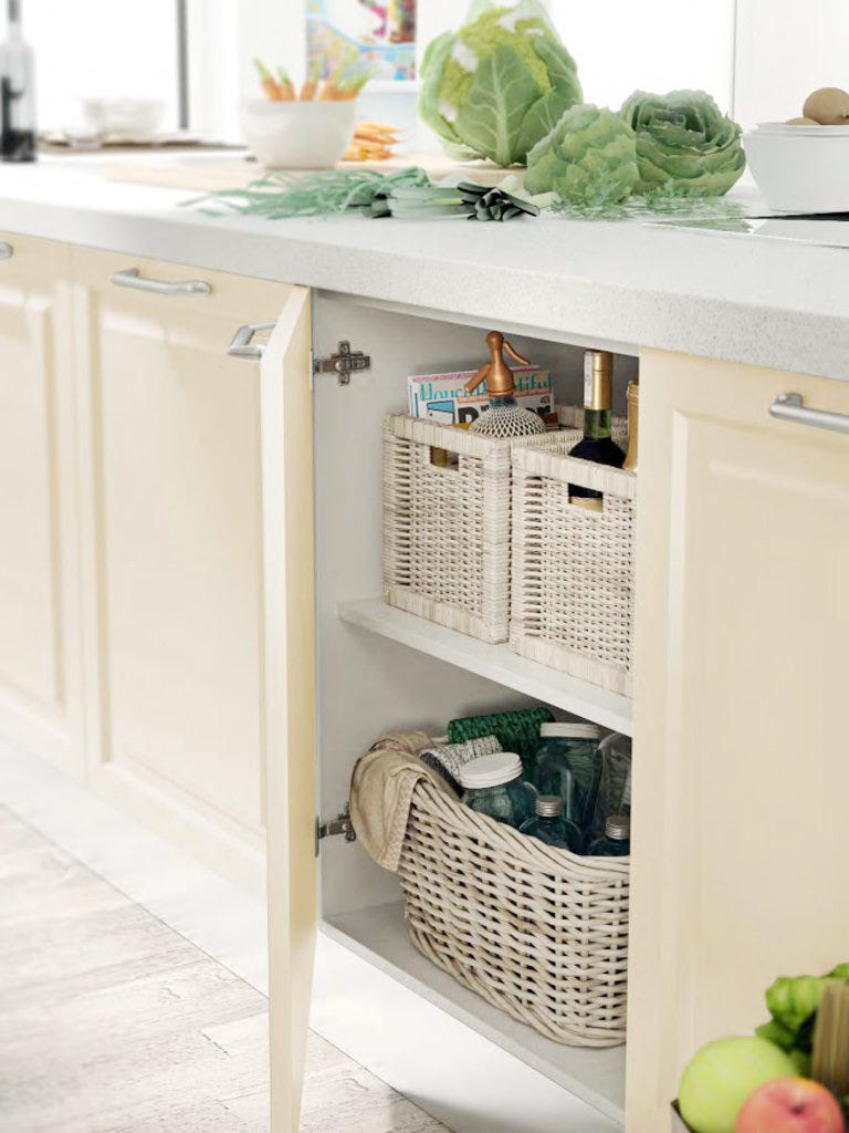 Furniture, Shelf, Room, Table, Kitchen, Drawer, Cabinetry, Major appliance, Floor, Wicker, 