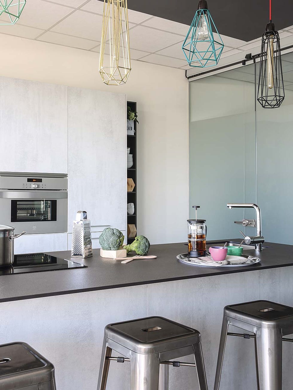 Room, Interior design, Light fixture, Ceiling, Chandelier, Glass, Small appliance, Interior design, Teal, Ceiling fixture, 