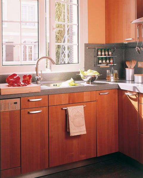Room, Plumbing fixture, Kitchen, Kitchen sink, Tap, Cabinetry, Sink, House, Grey, Interior design, 