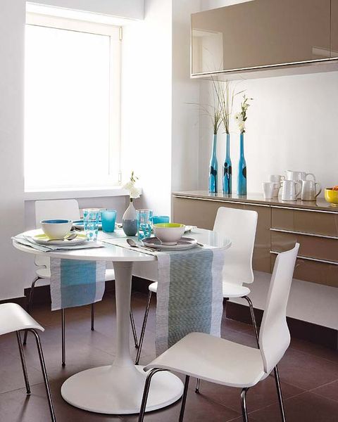 Room, Interior design, Furniture, Table, Floor, White, Glass, Teal, Wall, Turquoise, 