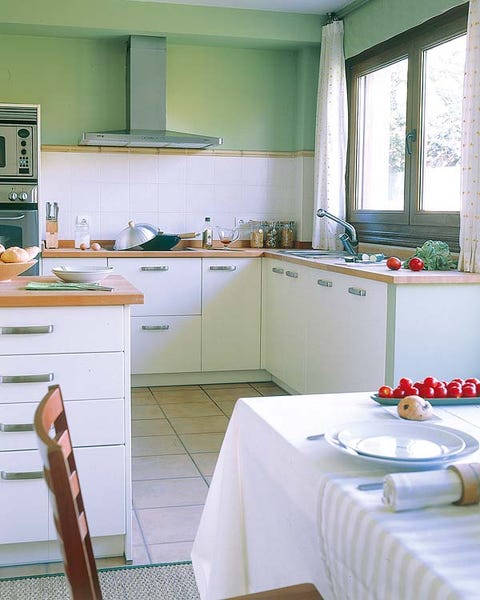 Tablecloth, Room, Green, Interior design, Furniture, Kitchen, Kitchen appliance, Major appliance, Linens, Cabinetry, 