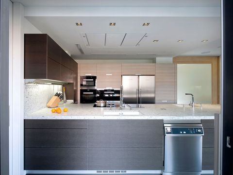 Room, Property, Interior design, Kitchen appliance, Major appliance, Ceiling, Countertop, Glass, Kitchen, Home appliance, 