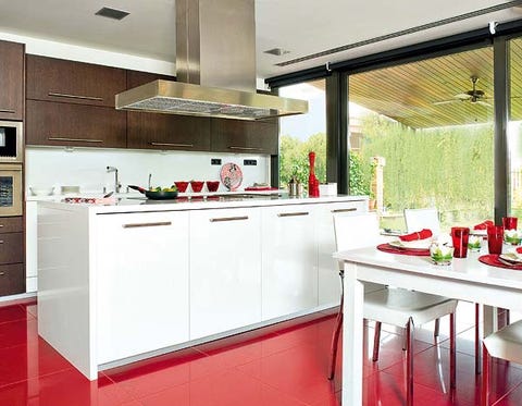 Room, Interior design, Red, White, Kitchen, Kitchen appliance, Ceiling, Floor, Home appliance, Major appliance, 