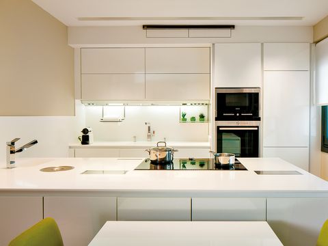 Countertop, Room, Kitchen, White, Cabinetry, Furniture, Property, Interior design, Green, House, 