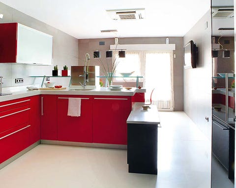 Room, Interior design, Property, Floor, Red, White, Kitchen, House, Flooring, Ceiling, 