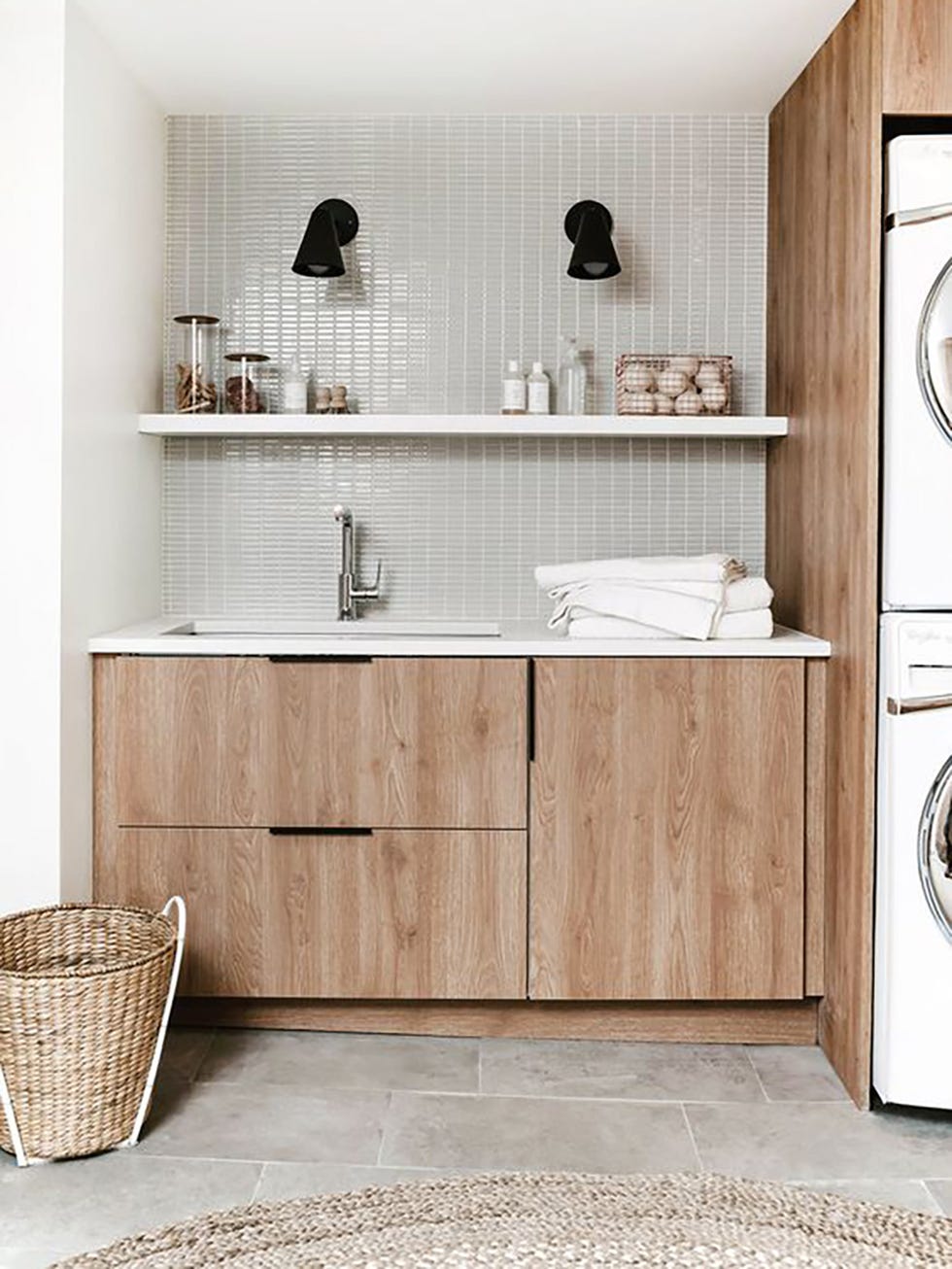 Room, Furniture, Cabinetry, Property, Tile, Interior design, Bathroom, Floor, Shelf, Material property, 