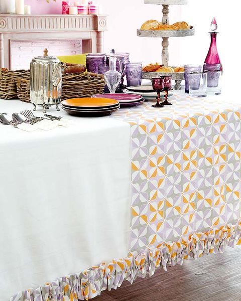 Tablecloth, Textile, Room, Pink, Purple, Linens, Dishware, Interior design, Orange, Violet, 
