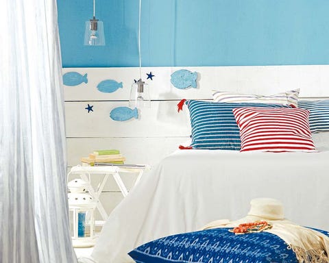 Blue, Room, Interior design, Textile, Linens, Wall, Teal, Aqua, Turquoise, Bed sheet, 