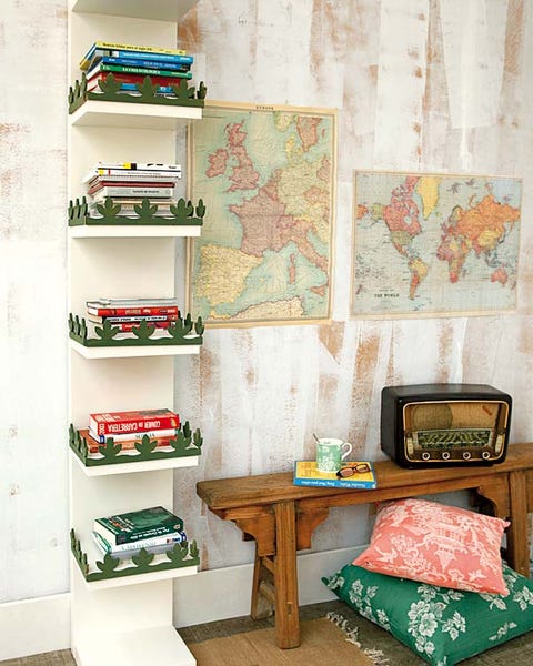 Green, Room, Interior design, Shelving, Shelf, Interior design, Collection, Throw pillow, Wallpaper, Home accessories, 