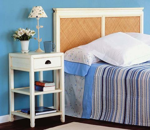 Blue, Room, Product, Bed, Textile, Interior design, Furniture, Linens, Bedding, Wall, 