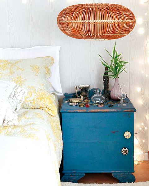 Blue, Yellow, Interior design, Room, Textile, Wall, Lampshade, Bed, Interior design, Orange, 