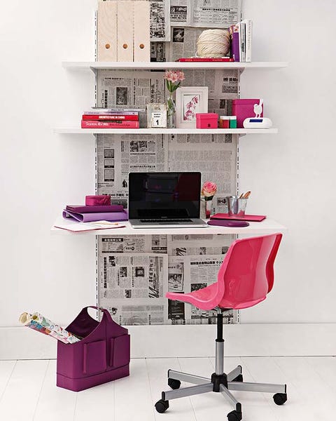 Room, Interior design, Magenta, Pink, Purple, Shelf, Shelving, Wall, Office chair, Computer desk, 