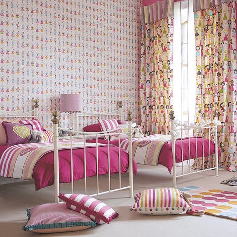 Room, Interior design, Textile, Wall, Purple, Pink, Linens, Furniture, Interior design, Floor, 
