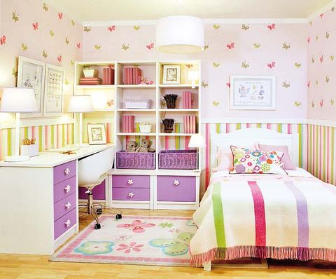 Room, Green, Interior design, Textile, Pink, Bed, Furniture, Floor, Purple, Wall, 