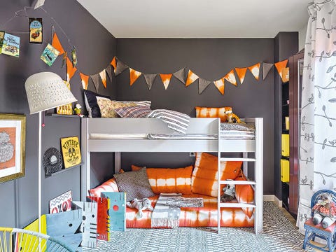 Room, Interior design, Orange, Textile, Wall, Ceiling, Bedroom, Interior design, Floor, Bed, 