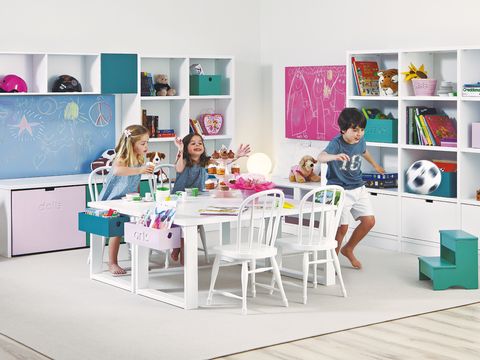 Room, Furniture, Interior design, Table, Pink, Shelf, Shelving, Violet, Home, Toy, 