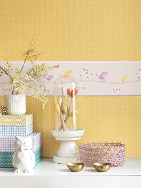 Yellow, Room, Purple, Interior design, Wallpaper, Furniture, Branch, Shelf, Table, Plant, 