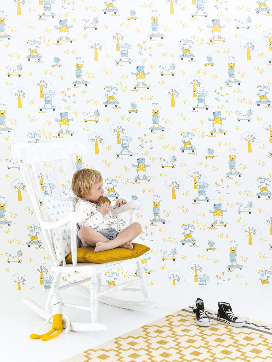 Wallpaper, Yellow, Child, Sitting, Interior design, Illustration, 