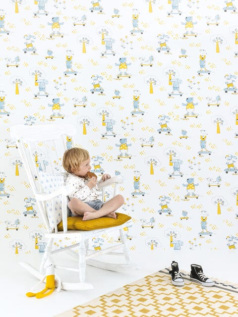 Wallpaper, Yellow, Child, Sitting, Interior design, Illustration, 
