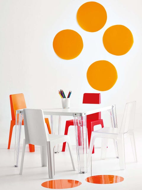 Orange, Yellow, Table, Room, Furniture, Design, Material property, Font, Chair, Serveware, 