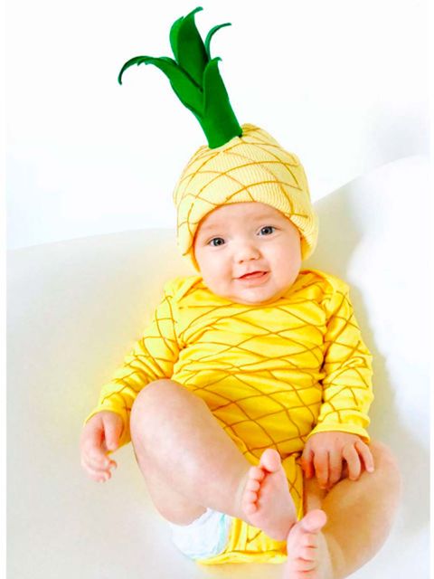 Child, Yellow, Toddler, Baby, Costume, Costume accessory, Headgear, Smile, Vegetable, Plant, 