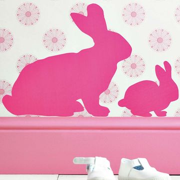 Pink, Rabbit, Rabbits and Hares, Hare, Wallpaper, Wall sticker, Design, Sticker, Easter bunny, Pattern, 
