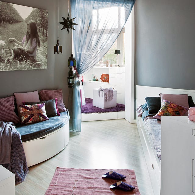 Interior design, Room, Textile, Home, Floor, Purple, Wall, Furniture, Interior design, Linens, 