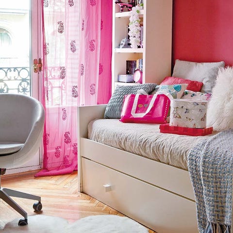 Room, Interior design, Textile, Home, Wall, Pink, Furniture, Floor, Interior design, Window treatment, 