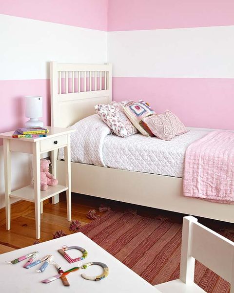 Room, Interior design, Textile, Furniture, Wall, Pink, Home, Floor, Linens, Bedding, 