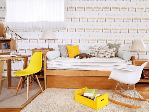 Yellow, Room, Interior design, Wood, Furniture, Floor, Wall, Flooring, Couch, Interior design, 