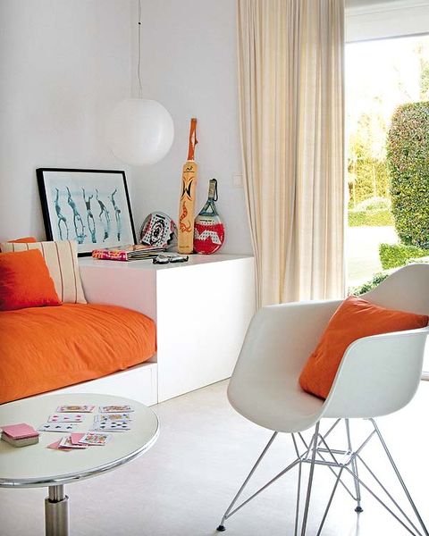 Room, Interior design, Orange, Furniture, Wall, Floor, Interior design, Curtain, Home, Living room, 