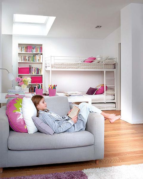 Room, Interior design, Shelving, Wall, Home, Shelf, Purple, Pink, Comfort, Living room, 