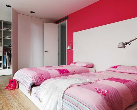 Bed, Room, Interior design, Lighting, Floor, Bedding, Property, Bedroom, Red, Textile, 