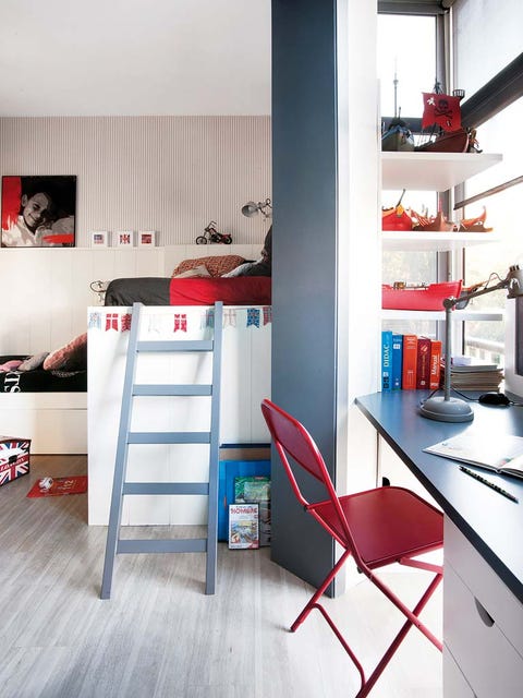 Room, Interior design, Floor, Red, Flooring, Furniture, Interior design, Kitchen appliance, Home, Drawer, 