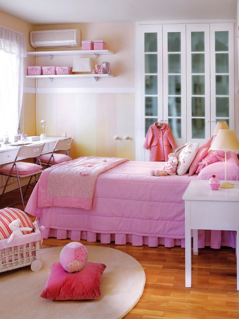 Room, Interior design, Floor, Textile, Flooring, Home, Wall, Furniture, Pink, Linens, 