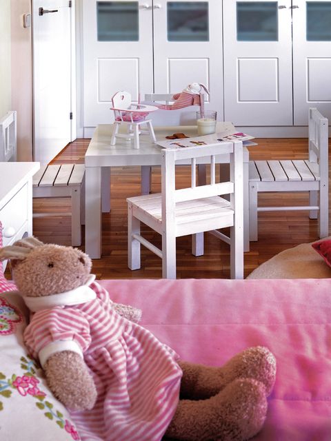 Wood, Room, Interior design, Home, Table, Furniture, Floor, Pink, Dining room, Stuffed toy, 