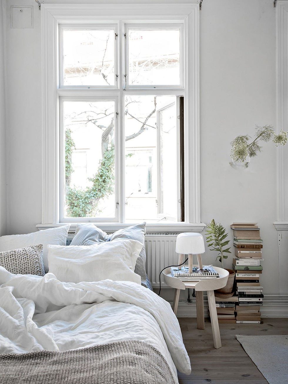 White, Furniture, Bedroom, Room, Bed, Interior design, Bed frame, Bed sheet, Wall, Home, 