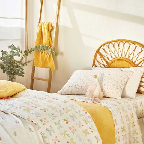 Bed, Bedroom, Bed sheet, Furniture, Bedding, Yellow, Curtain, Room, Bed frame, Property, 