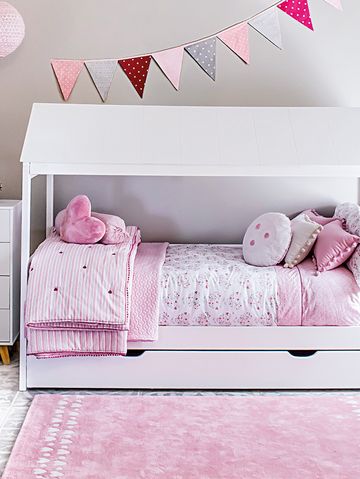Bed, Furniture, Pink, Product, Room, Bedroom, studio couch, Wall, Bedding, Bed frame, 